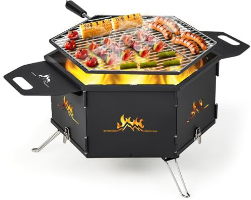 GYMAX 2 in 1 Holzkohlegrill klappbar & Feuerkorb, großer Campinggrill mit verstellbarem Grillrost & Lüftungslöchern, Grill zum Heizen & Grillen, Klappgrill für Partys, Camping & Picknicks