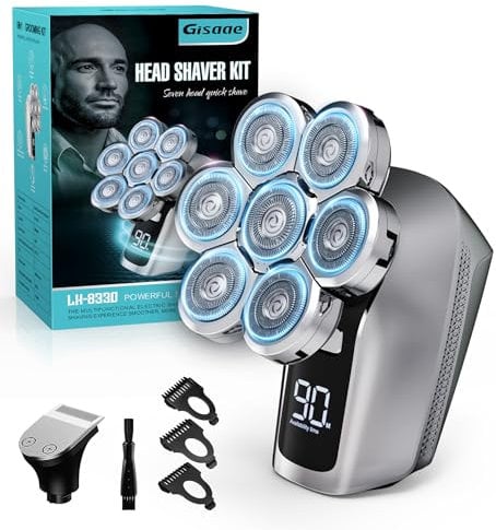 Gisaae Rasoir Tete Chauve Homme, rasoir 7D amélioré pour hommes chauves, rasoir électrique humide/sec étanche IPX7, kit de toilettage de barbe avec écran LED, rasoir rechargeable pour tête chauve