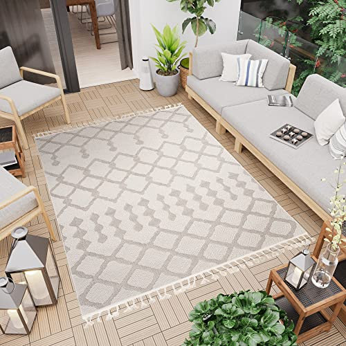 TAPISO Timber Teppich Outdoor Creme Terasse Balkon Indoor Sisaloptik mit Fransen Geometrisch Flachgewebe Wetterfest UV-Beständig ÖKO-TEX 160 x 220 cm