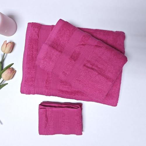 HaraDeco Juego de Toallas 3 Piezas 100% Algodón 400gsm, 1 de Ducha, 1 de Mano y 1 de Tocador, Suave Absorbentes y de Secado Rápido para Hogar Viaje Camping Vacaciones(Fucsia)