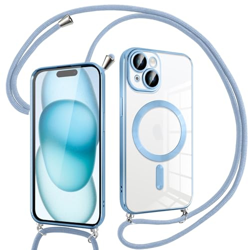 Pnakqil Magnetica Cover con Cordino per iPhone 15, Compatibile con Magsafe Ricarica Wireless, Placcatura Disegno Custodia con Collana con Regolabile Laccio Tracolla, Azzurro/Blu