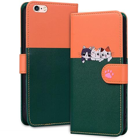 Generisch Niedlich und Nette Flip Geldbörse Handyhülle für iPhone 6/ iPhone 6S mit Cartoon Katze&Hund Muster, Premium Magnetic PU+TPU Leder für hohen Schutz Handyabdeckung für iPhone 6/6S (Grün)