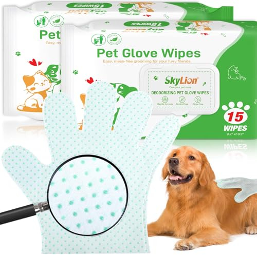 LotuFlor Dog Wipes Grooming Gloves Enhanced Cleaning Deodorizing Plant Oil Bath Wipes Waterless Cat Shampoo Pets Wipes for Paws, Butt, Face and Fur