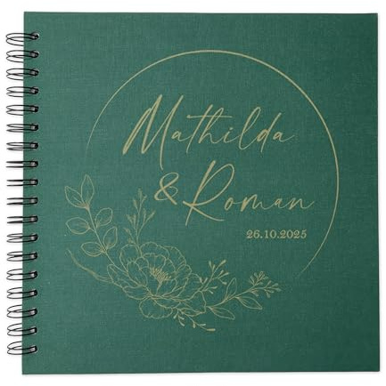 Feenstaub Hochzeitsgästebuch Ringbuch personalisiert Leinen, Gästebuch Hochzeit Blumen lila, blanko Hochzeitsalbum 25x25 cm, Fotoalbum lila, rot, grün, schwarz