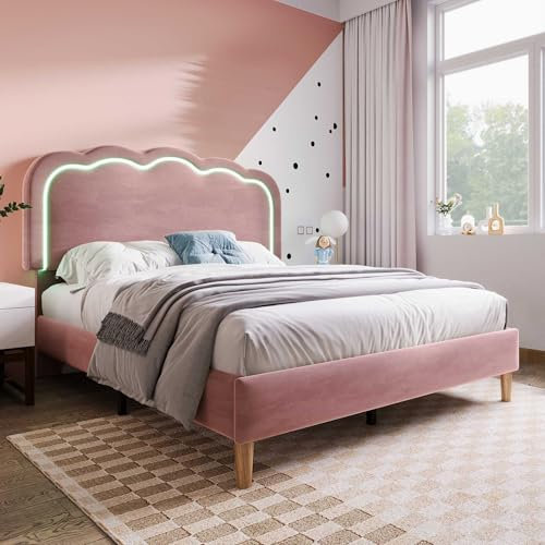 NIUAWASA Polsterbett LED Einzelbett -Samt in Rosa, Bettgestell mit Lattenrost Verstellbares Kopfteil Gepolstertes Bett Jugendbett für Schlafzimmer Gästezimmer, Ohne Matratze (140 x 200cm,Pink)