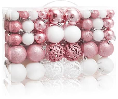 MeetXmas 100 Stück Weihnachtsbaumkugeln, Ornamente, Weihnachtskugel-Ornamente für Weihnachtsbaum, bruchsicher, hängende Weihnachtsbaumdekorationen (Rosa + Weiß)