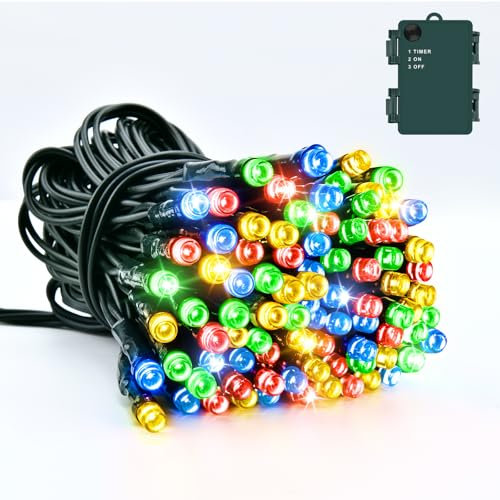 Dalugo Fairy Lights Battery Operated, 3M 30 LED Multicoloured Christmas Tree Lights with Timer, IP65 Waterproof String Lights Battery Powered for Indoor Outdoor Garden Xmas Decorations(Green Wire)