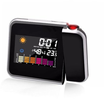 SOONHUA Projection Alarm Clocks Bedside Digital Weather Clock with 180° Rotatable Projector 3.7″ LCD Display Clock Backlight Snooze Alarm with 12/24H Time Date Humidity Desk Clock for Bedroom Office