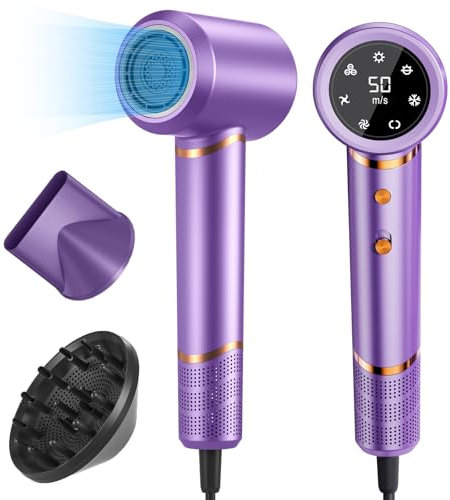 Föhn Ionen Haartrockner 1600W AC-Motor Schnell trocknender Professioneller Fön 110.000 U/min Hochgeschwindigkeit mit 2 Geschwindigkeits- und 3 Hitzeeinstellungen, Kaltlufttaste mit 1 Diffusor - Lila