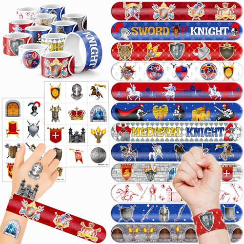 Ensemble de 48 pièces de fête médiévale chevalier – 24 tatouages temporaires et 24 bracelets Slap – Fournitures d'anniversaire amusantes sur le thème du château, cadeaux de fête prénatale, récompenses