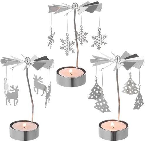 Drehbarer Teelichthalter 3 Stück – Silberner Dreimond-Kerzendreher, Rotierendes Teelicht-Display aus Metall, Hexendekoration für Weihnachten, Valentinstag, Party-Dekoration, 13 cm