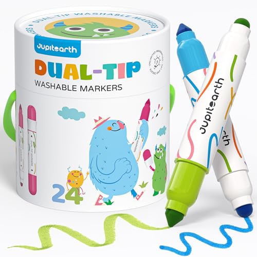 JUPITEARTH Auswaschbare Doppelseitige Filzstifte für Kinder – 24 Farben Dicke & feine Spitze,ergonomisches Design für kleine Hände | Kinder-Malstifte im Etui – Geschenk für Kleinkinder ab 3 Jahre