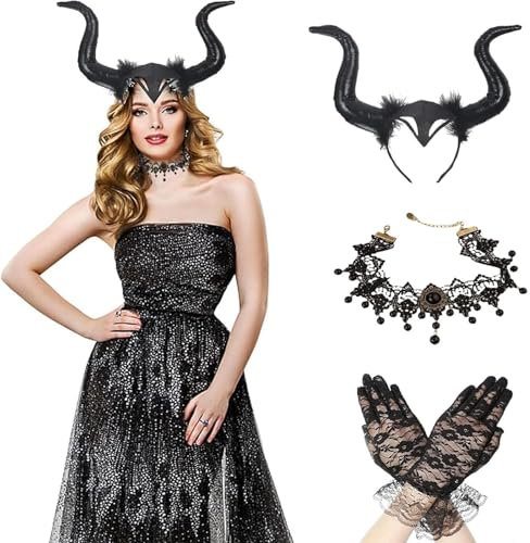 Gothic Hörner Kopfschmuck mit Spitzenhalskette - Hexen Krone für Damen, Karneval Kostüm, Halloween Cosplay, Mittelalter Fest und Maskerade