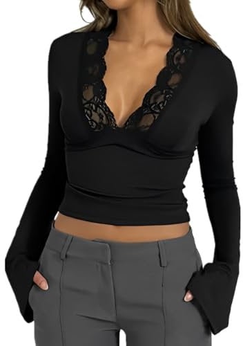 SamHeng Women's Long Sleeve Tops Sexy Lace Deep V Neck Trumpet Sleeve Crop Top Slim Fit Base Shirt Long Bell Sleeve Cropped Tee Tops Fashion Casual Solid Color Blouse Top Tee Shirts (Black-M)