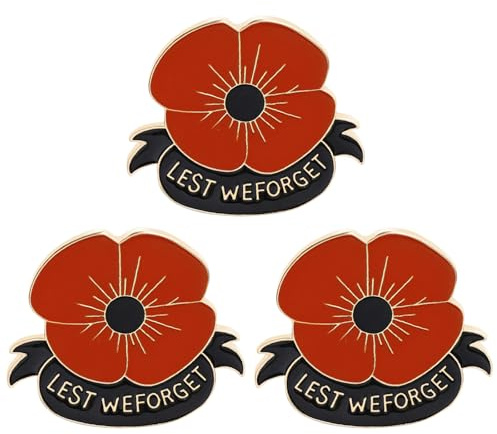 Mohnblumen Brosche 3 Stück, Metall Anstecknadel mit Aufschrift „Lest We Forget“, Gedenk-Anstecker für Veteranentag, Erinnerungsschmuck