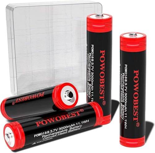 3.7V Rechargeable Battery POWO18B,3000mAh Large Capacity Button Top NiMH Batteries with NiMH Case,Perfect for Flashlight,Small Fan,Camera,Doorbell,Headlamp,Product Patent Number:6319876(4pack, Red)