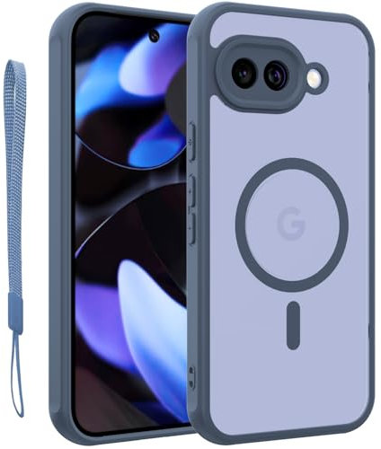 for Google Pixel 9A Magnetic Case, Upgraded [with Lanyard Strap] [Full Camera Protection] [Compatible with Magsafe] Frosted Translucent Slim Thin Phone Case,for Google 9A case 6.3 Inch-Blue