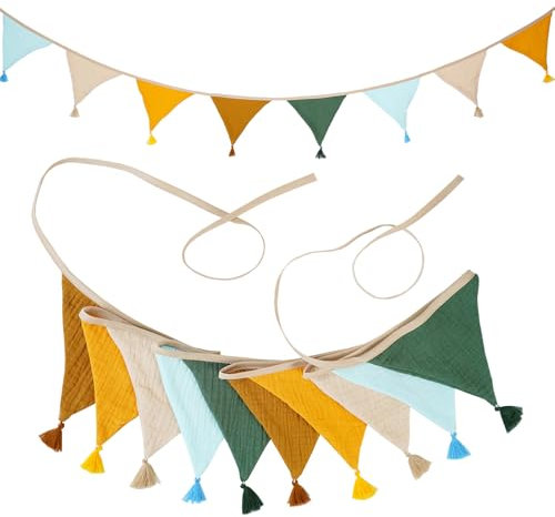 LUMOOM Wimpelkette Kinderzimmer 2.6M, Girlande Kinderzimmer, Babyzimmer Deko Wimpel, Musselin Baumwolle Stoff, Mädchen und Junge Kinderzimmer Deko, für Outdoor Gartenparty (Braun Gelb)