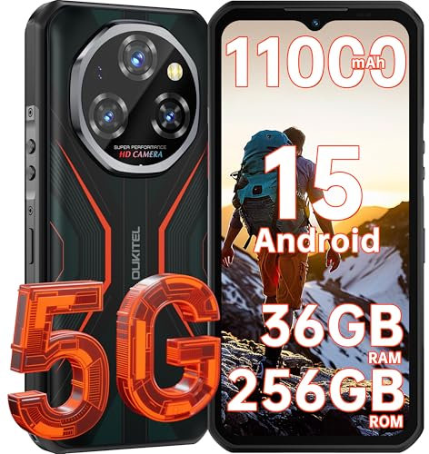 OUKITEL WP55 Rugged Smartphone 5G - Android 15, 36GB(12+24) RAM+256 ROM, 11000mAh Rugged Phones, 6.6 FHD+ Display, 108MP Camera, IP68/69K Waterproof Phone, 5G Dual SIM/NFC/OTG/GPS, 2025 (Orange)