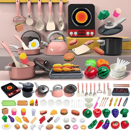 DAJASD 86 Piezas Juguetes de Cocina para Niños, Juego de ollas y sartenes, Accesorios de Cocina para Niños con Frutas, Verduras y Platos,Vajilla de Alimentos, Regalo para niños a Partir de 3 años