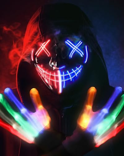 Sunshine smile LED Halloween Maske Leuchtende Handschuhe-Set,LED Maske im Dunkeln Leuchtend,Horror Totenkopf Halloween Kostüm für Kostümspiele Cosplays Feste