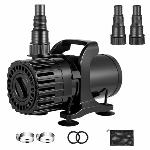 Hurmovae 600GPH-1800GPH Adjustable Flow Pond Pump, for Waterfall &Water Garden, 13FT Lift, 100W Submersible Water Pump, 180° Adjustable Outlet, Filter Bag & 20FT Cord, Quiet Fountain Pump, UL Listed