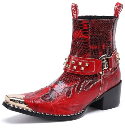 Yhsdfcn Stivali da Cowboy da Uomo Rosso e Nero con Punta in Metallo, Stivaletti Western con Borchie, Tronchetti Texani in Pelle da Party e Palcoscenico, Scarpe Rocker di Lusso,Rosso,38 EU