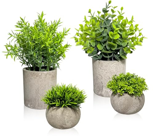 IHCEMIH Fake Plants, Set of 4 Small Artificial Plants Indoor Potted Faux Greenery, Rosemary Eucalyptus Mini Decorative Plastic Plant Pots for Home Decor Office Desk Shelf Bathroom Bedroom Living Room