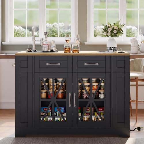 Merax Isla de cocina portátil de 120 cm con mesa de comedor plegable, conexión AC y USB, puertas de cristal, estantes y ruedas, carrito de cocina portátil para cocina, comedor, sala de estar
