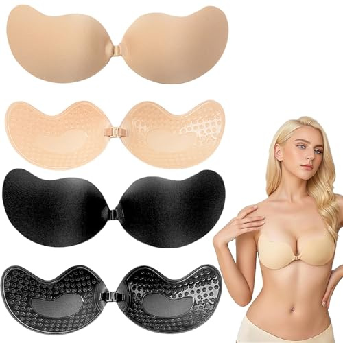 ToqoGeri 4 Pairs A Cup Sticky Bra Push Up - Invisible Bra for Summer | Low-Back Outfits, V-Neck, Club & Wedding Dresses - Backless Strapless Design - Black and Nude