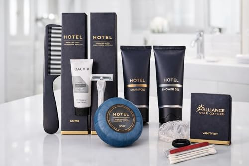 Hotel Amenities Kit, 8-Piece Set Including Comb, Toothbrush, Vanity Kit, Shower Cap, Soap, Shampoo, Shower Gel, Razor Kit for Hotels and Airbnb