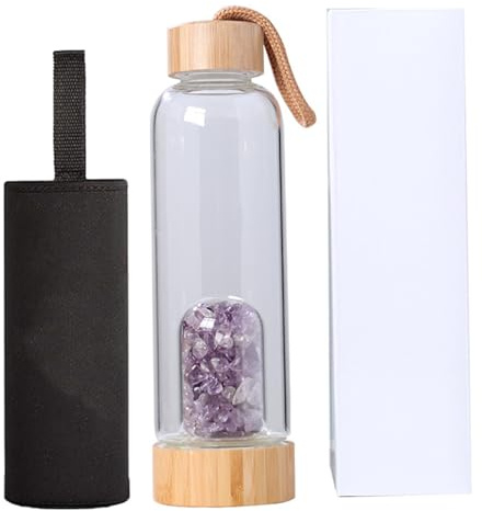 Monwssoe Crystal Water Bottle, Clear Glass Water Bottle With Bamboo Lid - Amethyst Crystal Infuser Compartment, Reusable Clear With Sleeve & Box
