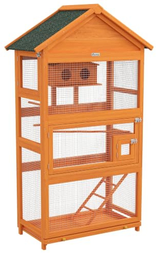 Cage à Oiseaux sur Pied 92 x 52 x 171 cm Grand Espace Plateau Coulissant Style Rustique extérieur en Bois Massif Orange 21_0007588