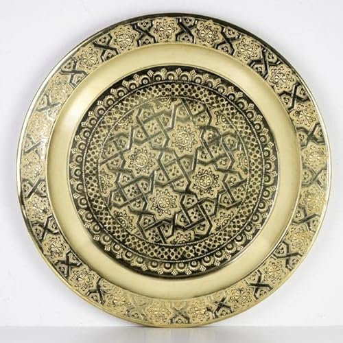 Saharashop Orientalisches Teetablett Tefor Ø 60 cm Gold, Rundes Antik Tablett aus Messing, Orientalisches Teetablett, Serviertabletts Buffet, auch für Schmuck- und Make-up-Organizer-Kerzenteller