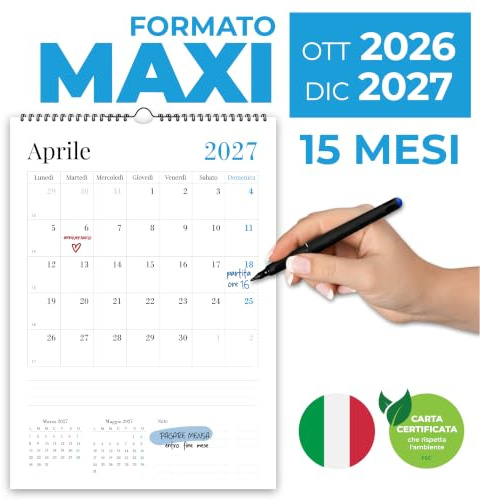 Calendario 2026/2027 da Muro Italiano da 15 Mesi | Calendario 2027 da Parete con Spazi per Scrivere Mensile per Casa e Ufficio Formato Grande A3 – 30×42 cm (da Ottobre 2026 a Dicembre 2027)