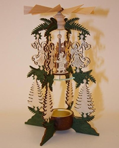 Teelichtpyramide 2stöckig Zweige grün - Motiv/Engel/Weihnachtsmann - REH ? Schlitten original Erzgebirge 11,5x24cm