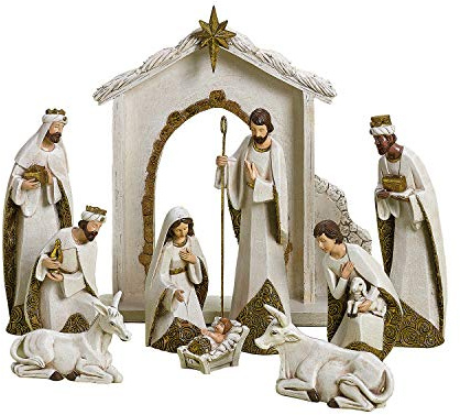 Ivory and Gold Christmas Nativity 10 Piece Set Holiday Decoration New 31379