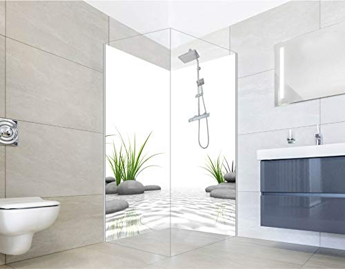 NORILIVING Duschrückwand Fliesenersatz Dusche 100x200 cm Motiv Zen Steine Gras | Duschwand ohne Bohren 2 teilig | Wandverkleidung Bad Aluverbundplatte 3 mm