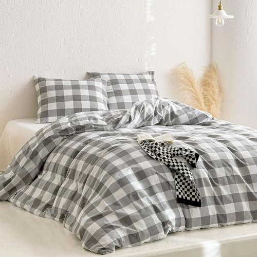 Lanqinglv Bettwäsche 200 x 220 cm Grau Weiß Kariert Karo Geometrisch Muster Mikrofaser Wendebettwäsche Bettbezug 200x220cm mit Reißverschluss und 2 Kissenbezug 80x80