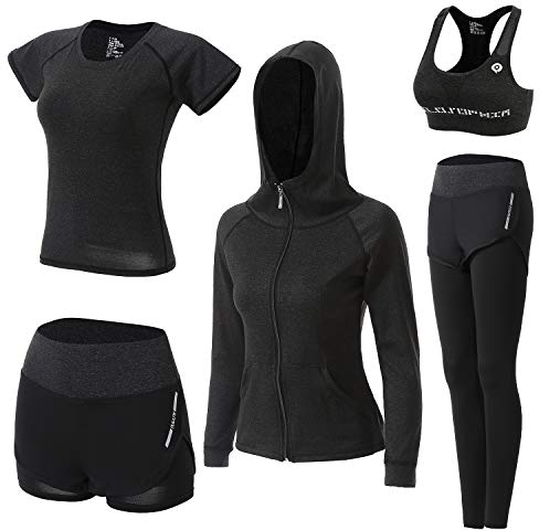 BOTRE Damen Traingsanzug Yoga Kleidung Anzug 5er-Set Sportanzüge Jogginganzug Gym Fitness Kleidung Laufbekleidung Sportswear Sport Yoga Outfit Damen BH Leggings Set (Schwarz, X-Large)