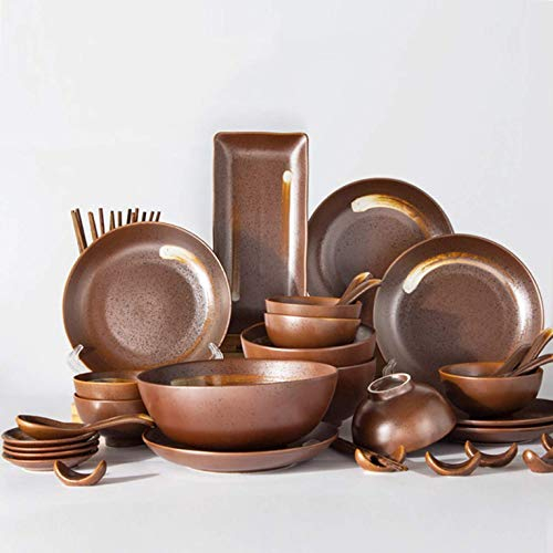MYYINGBIN Ensemble De Vaisselle en Porcelaine De Couleur Bois De 42 Pièces Ensemble De Vaisselle en Céramique Peint à La Main Bol à Soupe Assiette à Cuillère Service pour 6 Personnes