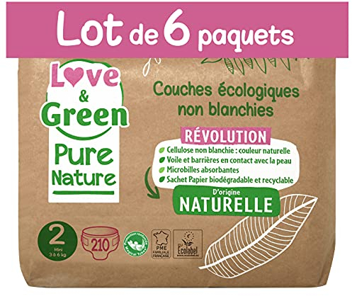 Love & Green Pure Nature Pack de 210 Couches écologiques non blanchies T2 x 35 (3-6 kg)