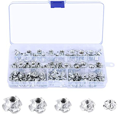 90 Pezzi Dado a T a Quattro Punte, Dado a T in Acciaio al Carbonio Zincato, Dadi a T a 4 Punte, 4 Denti Dadi T Inserti, Dadi a T con 4 Punte a Percussione con Scatola Plastica, per Legno, Mobili