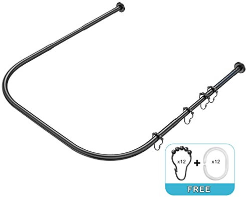 Misounda Duschvorhangstangen U Form Ohne Bohren Duschstange Ecke Badewanne Edelstahl Teleskopstange (70-100) x80x(70-100) cm mit 24 Stück Duschringe, für Garderobe Badezimmer Umkleidekabine- Schwarz
