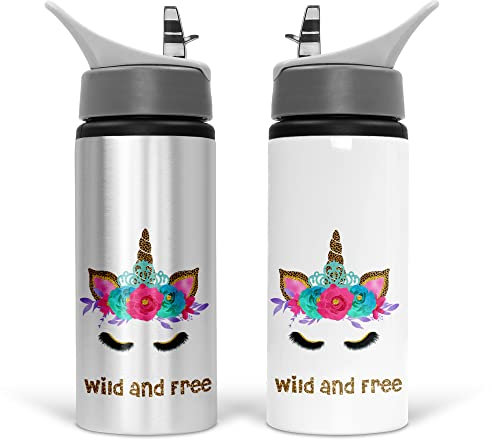Print Maniacs Personalised Water Bottle Unicorn School Sport Drink 600ml Leakproof Spill Proof Aluminium Hot Cold Flip up Kid Boys Girls Gift Wild and Free (No Name)