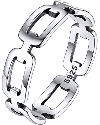 Silvora S925 Silber Damen Ring Kette Design Fingerring 5mm breit Schmaler Stapelbarer Panzerkette Ring Kubanische Kette Siegelring in Silber Ringgröße 57(18.1) Mode Accessoires für Männer Frauen