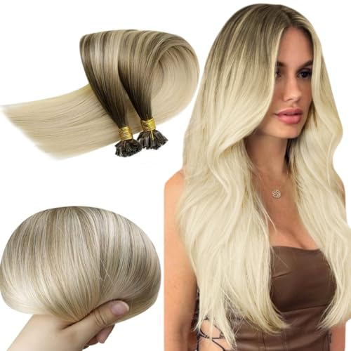 RUNATURE Echthaar Extensions Bondings Braun Balayage Blond Kurz Haarextensions 30cm Extensions Echthaar Bondings Braun Balayage Ombre Blond Keratin Bonding Extensions Echthaar 40g 50s #BA8/60
