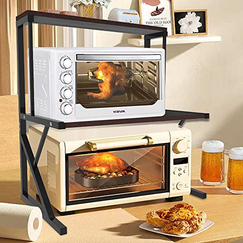 SHISHI Support à Micro-Ondes en Métal et Bois, 3 Niveaux, Étagère de Cuisine Comptoir, Étagère Rangement Cuisine, Organisateur de Rangement Extensible, 54×34,5×65 cm - Noir