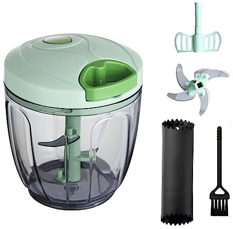 Lnvocn Hachoir Manuel a Ficelle, 900 ml Hacheur Manuel 3 Lames, Hachoir Oignon Manuel 5 Secondes avec Mixeur, Brosser et Éplucheur d'Ail, Hachoir avec Corde pour Coupe Tomates, Ail, Onionm, Légumes