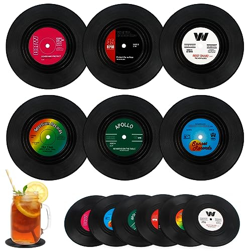 Glasuntersetzer 12 Stück Vinyl Schallpaltten Untersetzer Retro Getränkeuntersetzer Runde Tassenuntersetzer Isolierte Kaffe Untersetzer Deko Glasuntersetzer Set für Bar Büro Haushalt (Schwarz)